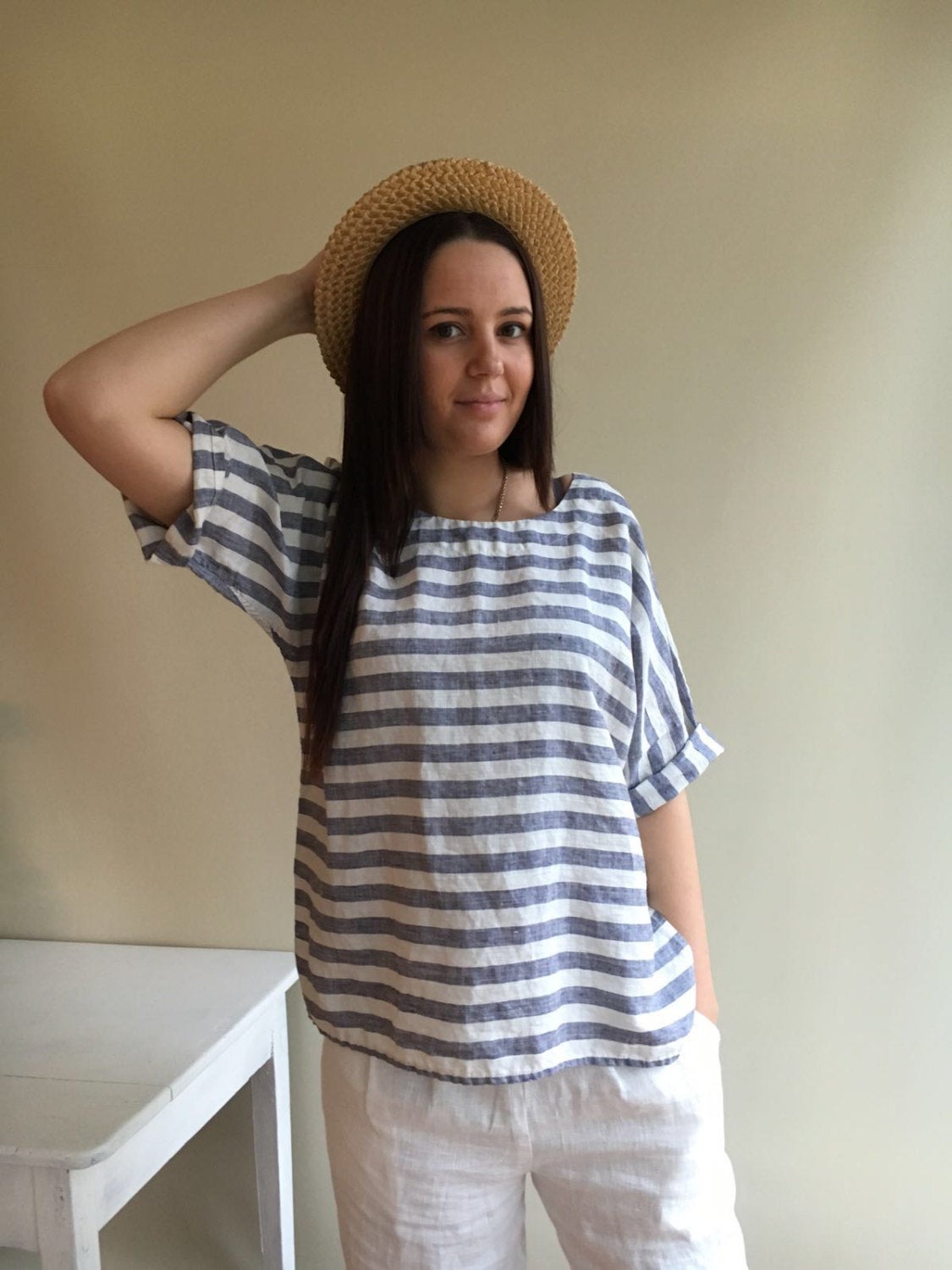 Linen Top, Linen Shirt Women, Shirt with Sleeves, Linen T Shirt, Linen Tee, Plus size shirt, Loose Shirt, Plus size top, Beach Vacation Navy