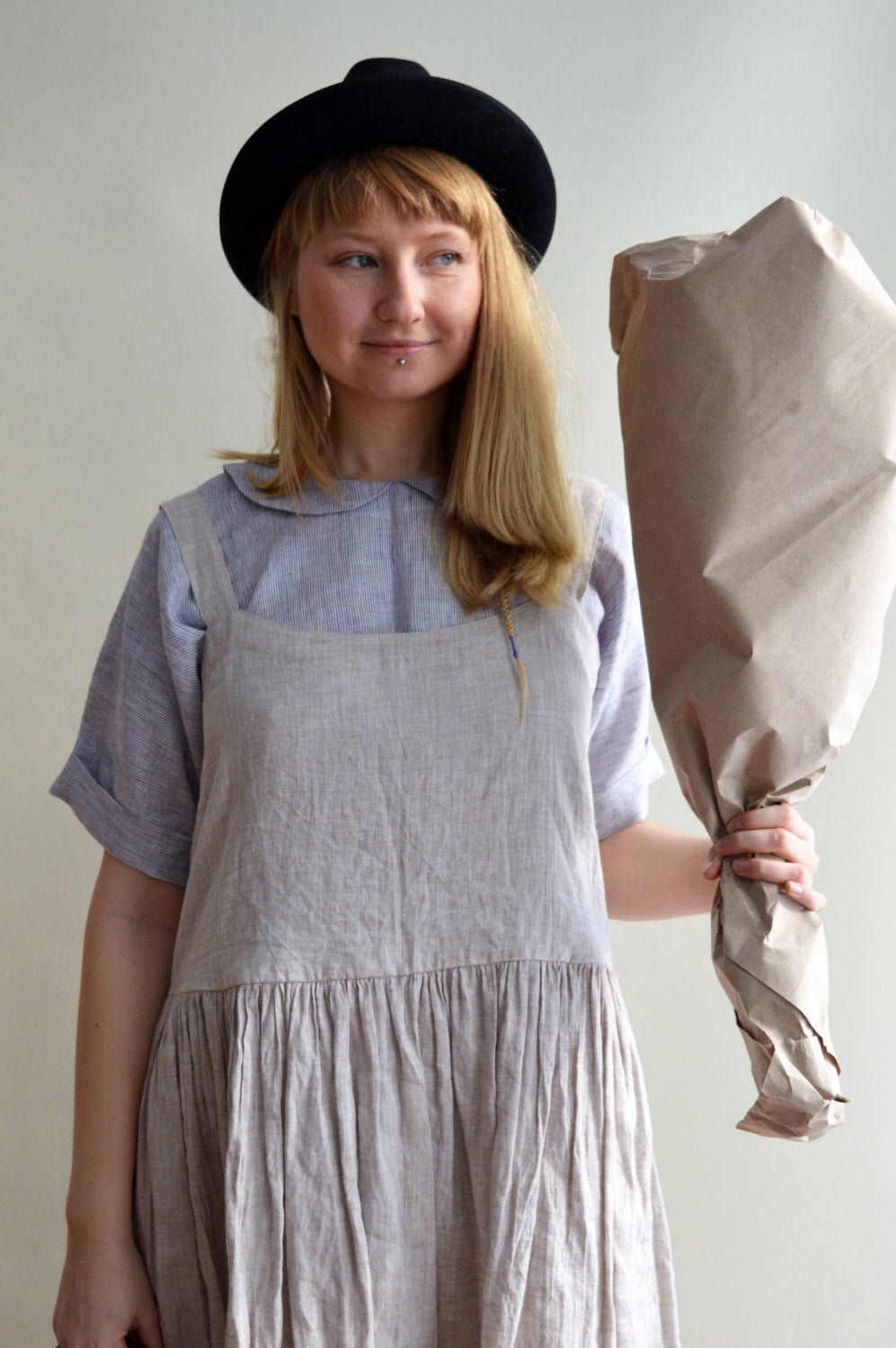 Linen top with Peter pan collar, Linen blouse, Linen Shirt Women, Linen T Shirt, Linen Tee, Plus size shirt Linen Blouse Cute Top Pin Stripe