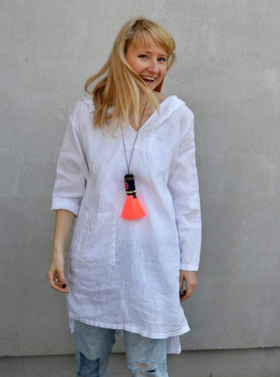 Hooded Tunic, White Linen Tunic Top, Hooded Top, Beach Dress, Beach Cover up, Womens Shirt, Loose Plus Size Hooded Shirt, White linen Womens