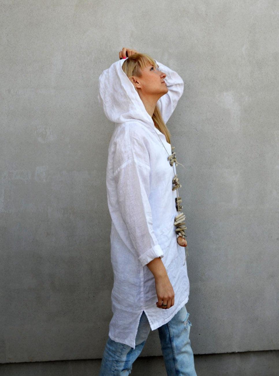 Hooded Tunic, White Linen Tunic Top Linenbee - Main Image