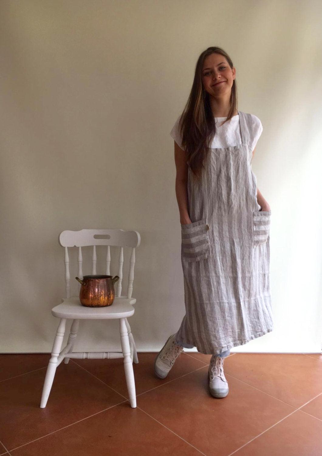 Striped Pinafore Apron, Japanese Apron, Long Linen Apron, Kitchen Apron, Crafts Apron, Womens Apron, Vintage, Handmade, Cross over apron