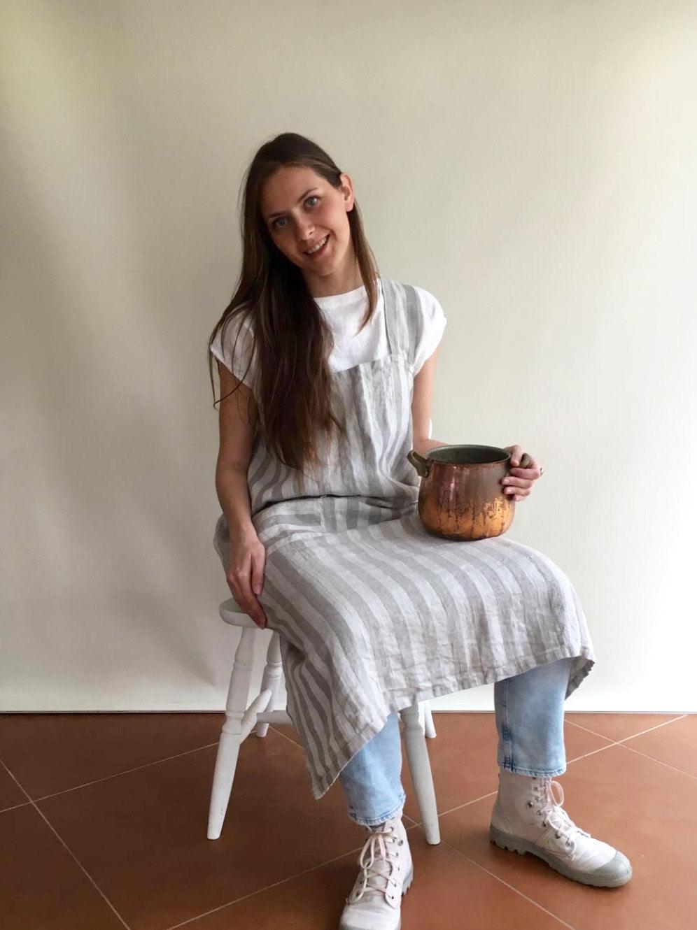 Striped Pinafore Apron, Japanese Apron, Long Linen Apron, Kitchen Apron, Crafts Apron, Womens Apron, Vintage, Handmade, Cross over apron