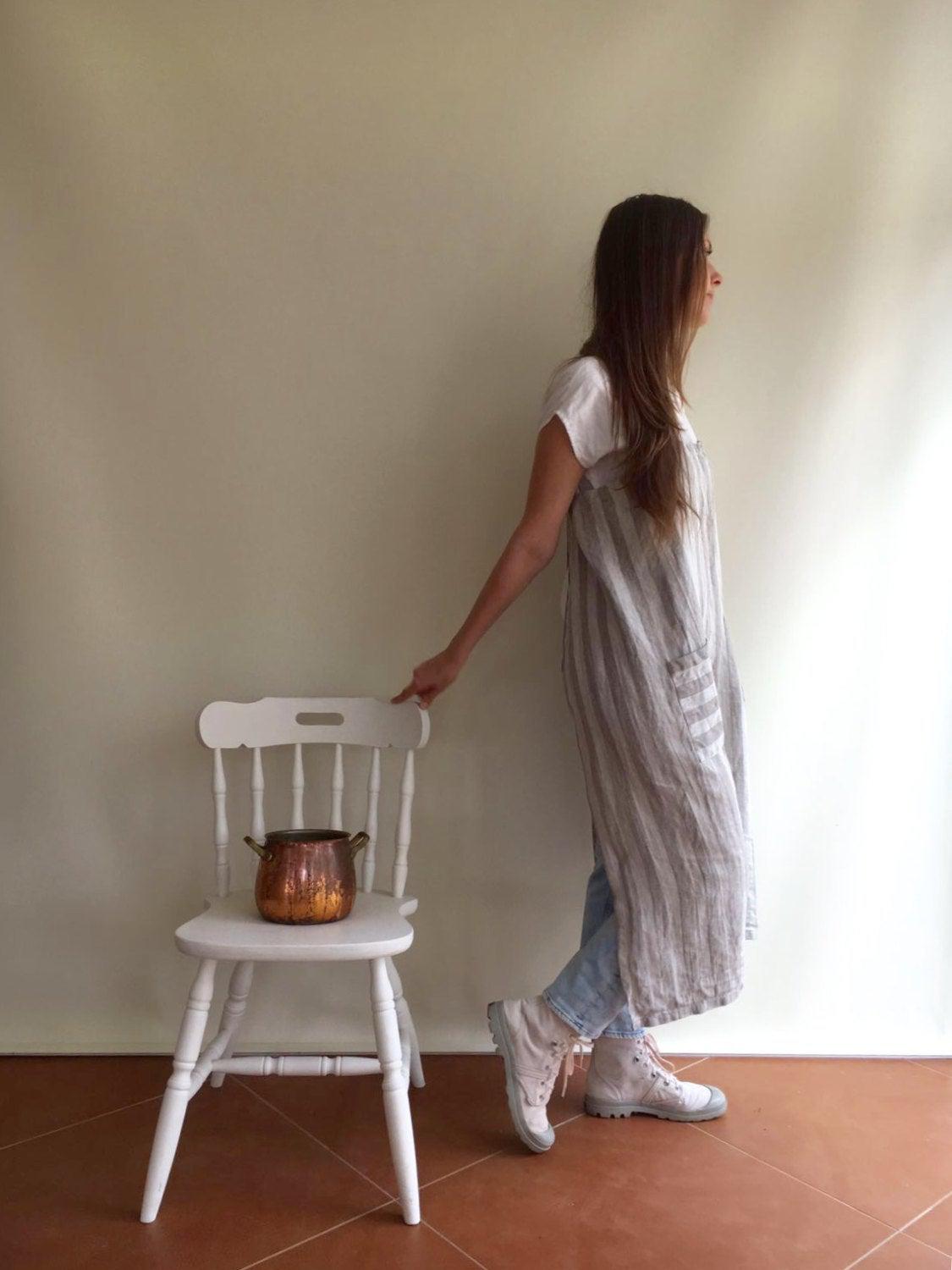 Striped Pinafore Apron, Japanese Apron, Long Linen Apron, Kitchen Apron, Crafts Apron, Womens Apron, Vintage, Handmade, Cross over apron