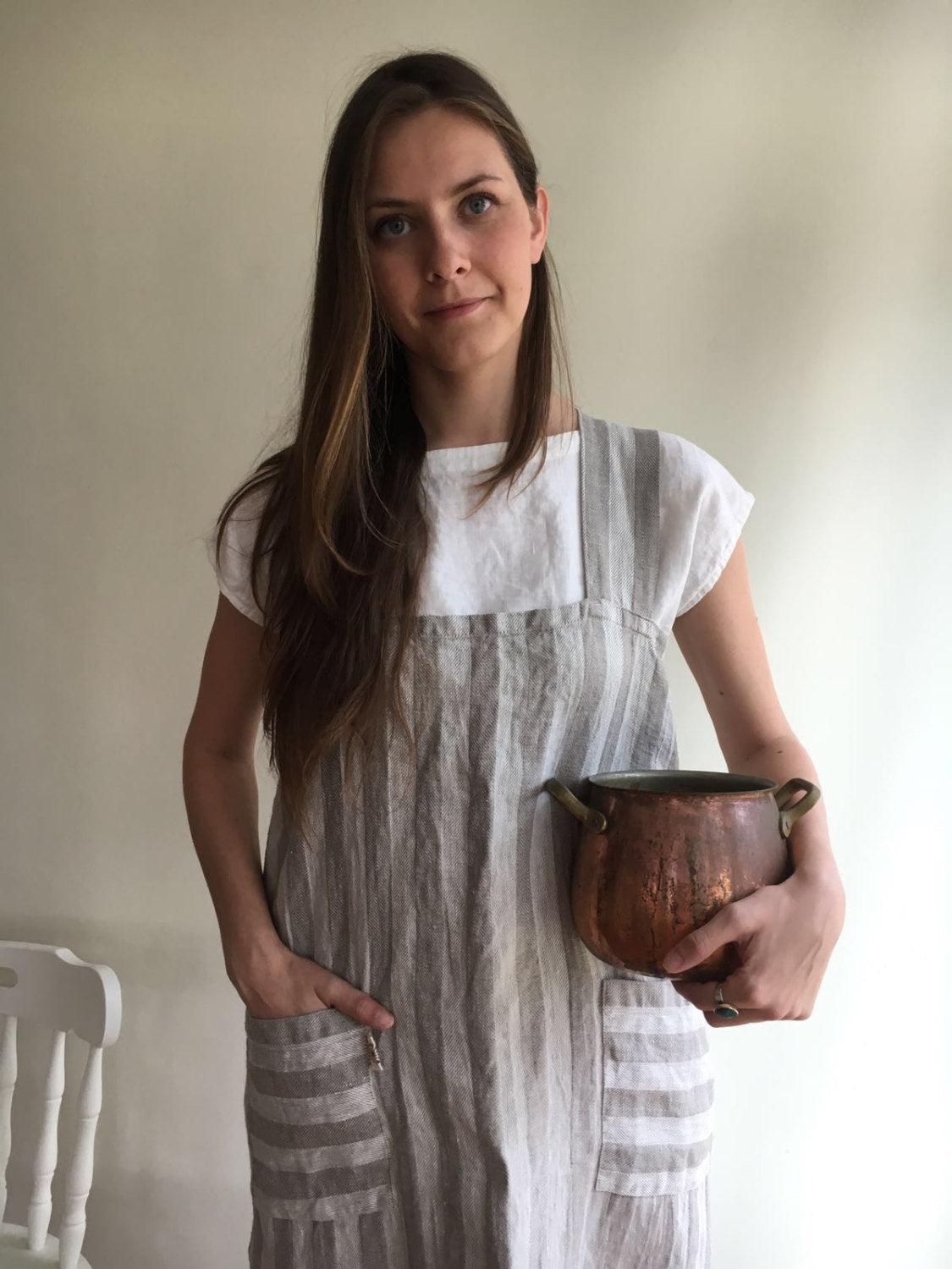 Striped Pinafore Apron, Japanese Apron, Long Linen Apron, Kitchen Apron, Crafts Apron, Womens Apron, Vintage, Handmade, Cross over apron