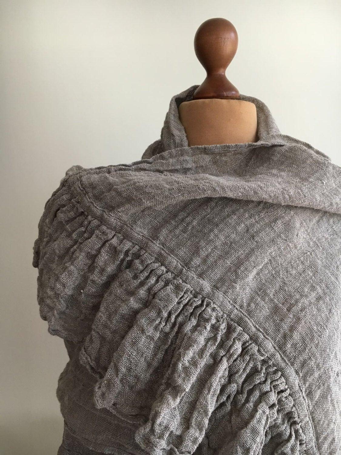 Linen Scarf With Ruffle, Wraps Shawl, Womens Shawl, Linen Shawl, Extra long scarf, Pure linen wraps shawl, Rustic scarf, shawl with ruffle
