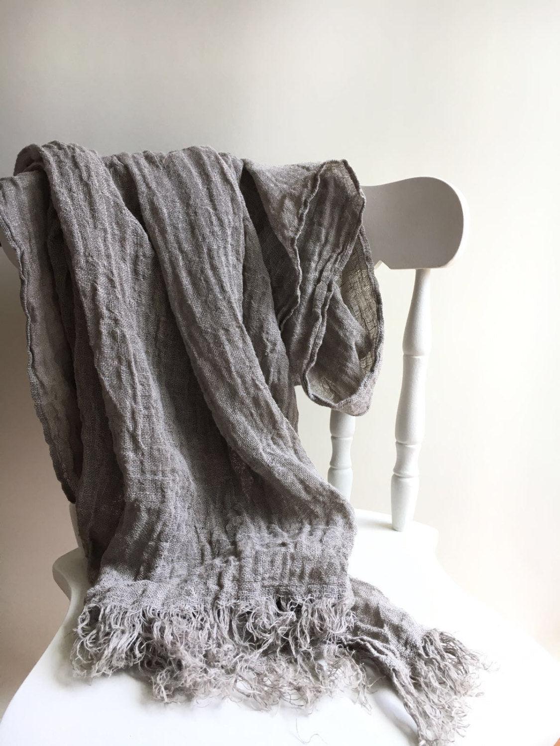 Linen Scarf, Rustic Shawl, Linen Shawl, Extra long scarf, Pure linen scarf, Frayed Edges, Taupe scarf, Natural Scarf, Taupe Grey Brown