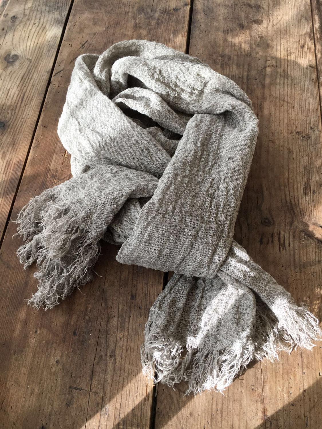 Linen Scarf, Rustic Shawl, Linen Shawl, Extra long scarf, Pure linen scarf, Frayed Edges, Taupe scarf, Natural Scarf, Taupe Grey Brown