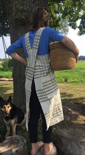 Tartan Pinafore Apron, Crafts Apron, Womens Apron, Vintage, Handmade, Cross over apron, Japanese Apron, Long Linen Apron, Kitchen Apron