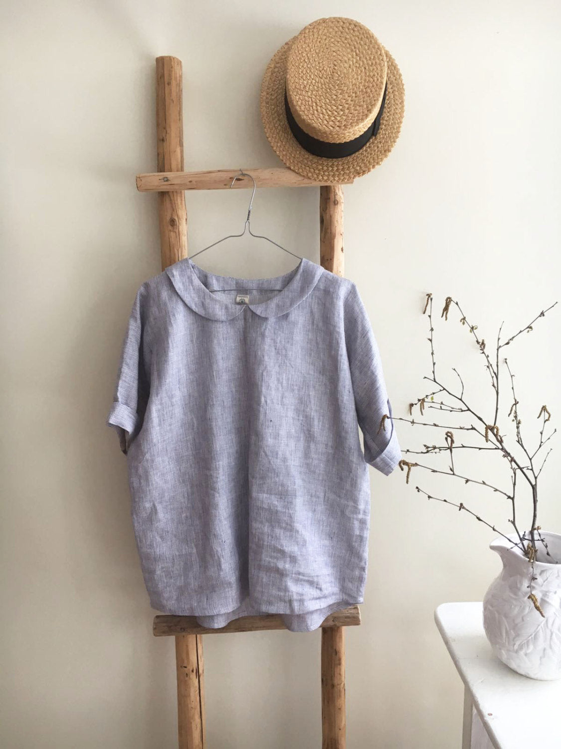 Linen top with Peter pan collar, Linen blouse, Linen Shirt Women, Linen T Shirt, Linen Tee, Plus size shirt Linen Blouse Cute Top Pin Stripe