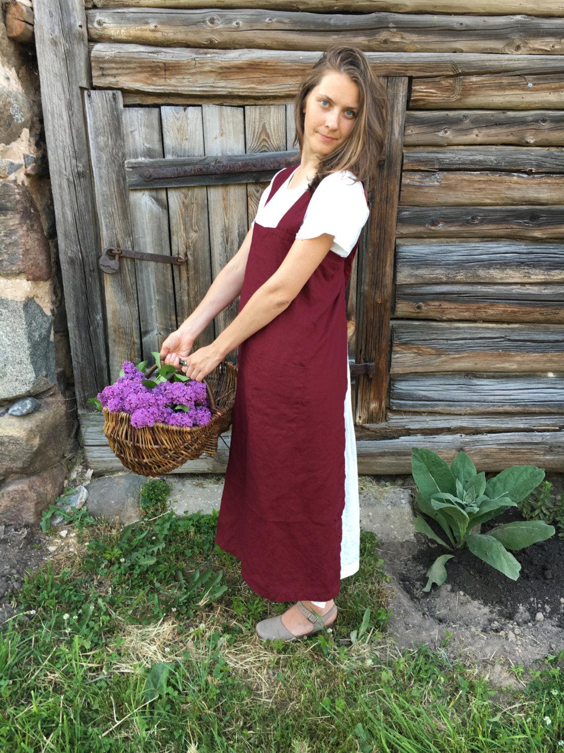 Linen Pinafore Apron, Japanese Apron, Long Linen Apron, Kitchen Apron, Crafts Apron, Womens Apron, Vintage, Handmade, Cross over apron