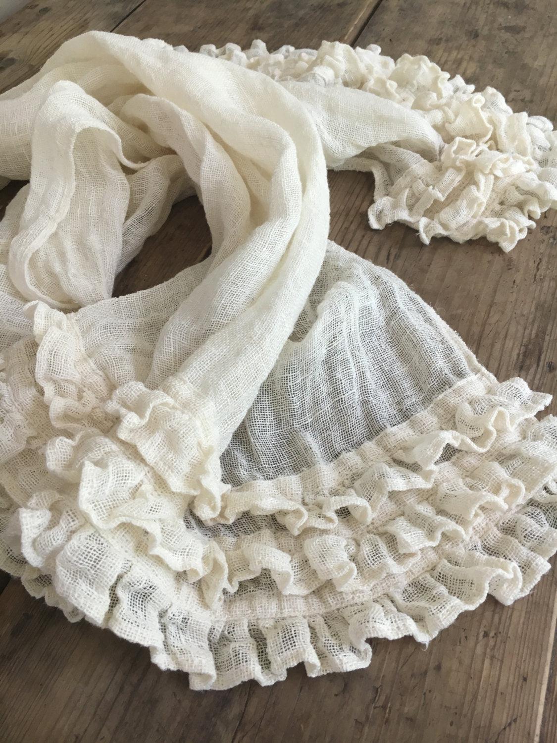 White Scarf, Linen Scarf With Ruffle, Wraps Shawl, Womens Shawl, Linen Shawl, long scarf, Pure linen wraps shawl, Rustic scarf, wedding