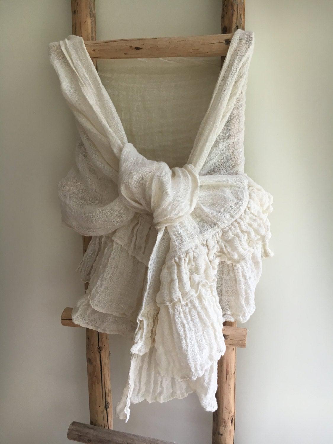 White Wrap Shawl With Ruffle, Linen Scarf With Ruffle, Wraps Shawl, Womens Shawl, Linen Shawl, Extra long linen scarf, Wedding cover, creamy