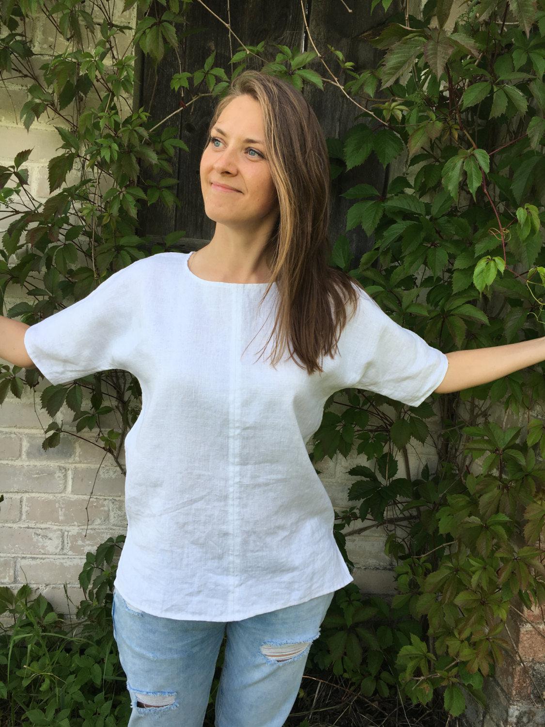 White Linen Shirt, Linen T-Shirt, Linen Top, Shirt with Sleeves, Linen Tee, Plus size shirt, Linen Blouse, Loose Linen Shirt, Plus size top