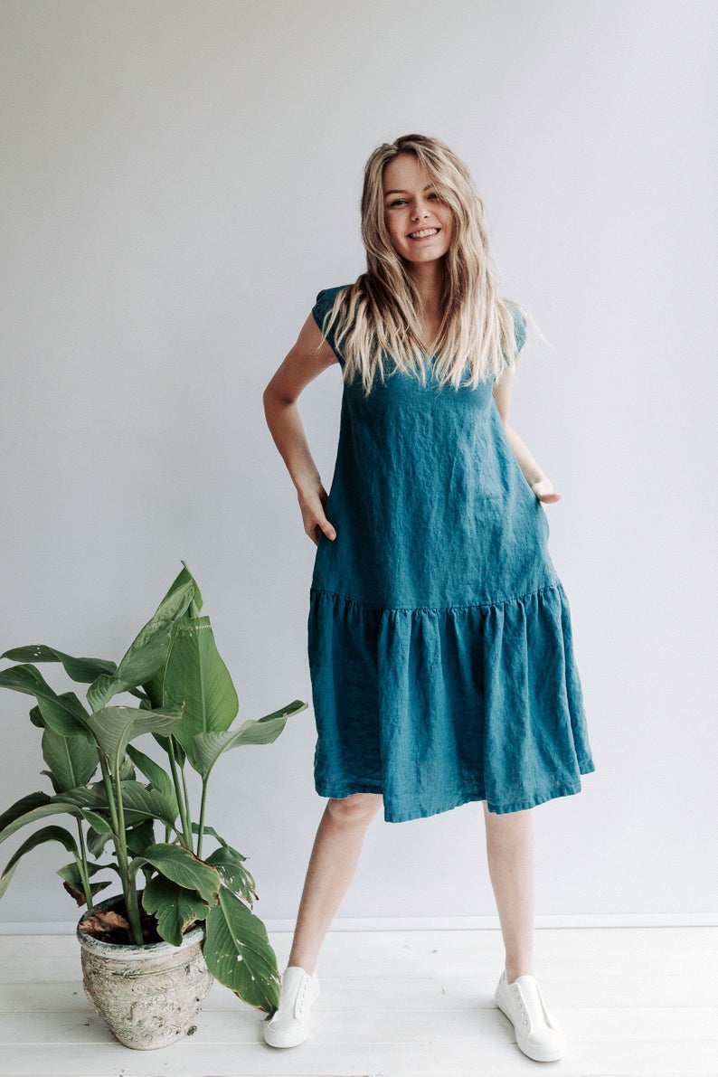 Ready to Ship: A line Drop Waist Dress &#39;Julia&#39; from Linen, Size XS/S