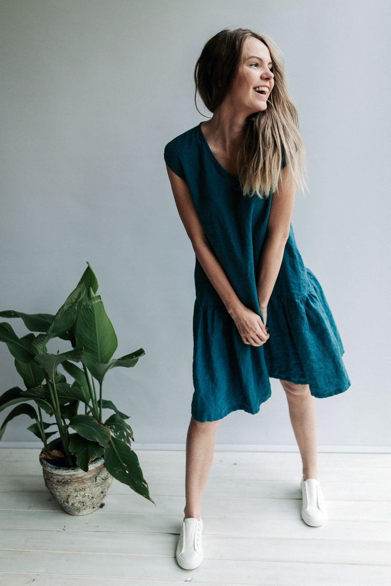 Ready to Ship: A line Drop Waist Dress &#39;Julia&#39; from Linen, Size XS/S