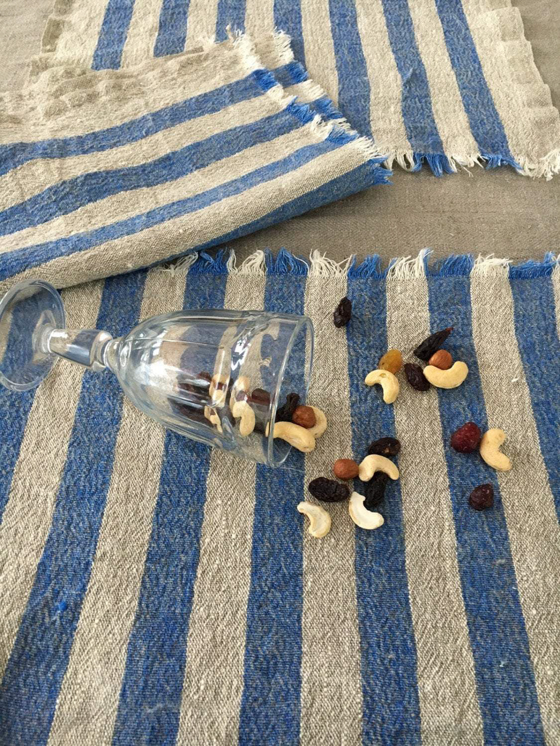 Linen placemats with blue stripes, set of 6 linen placemats-Linenbee