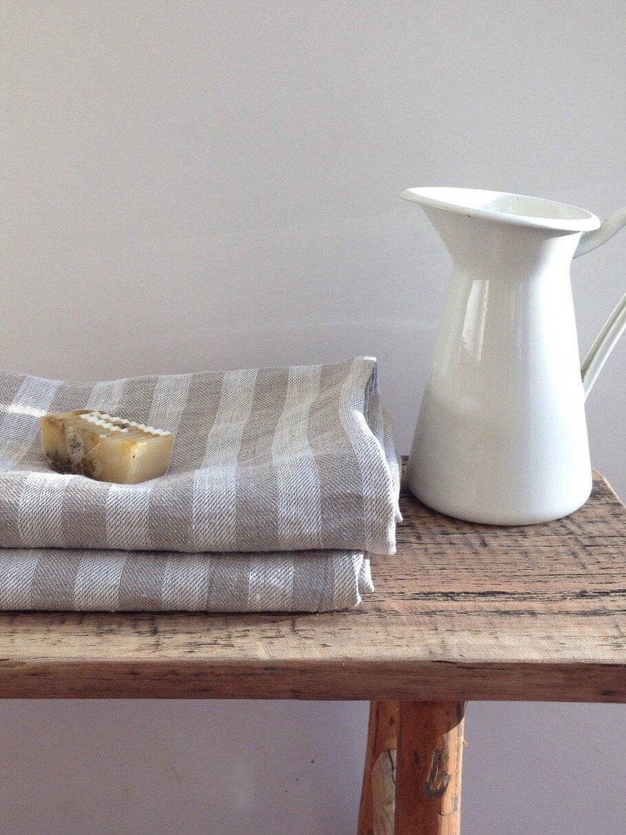 Linen bath towel, striped natural bath towel-Linenbee