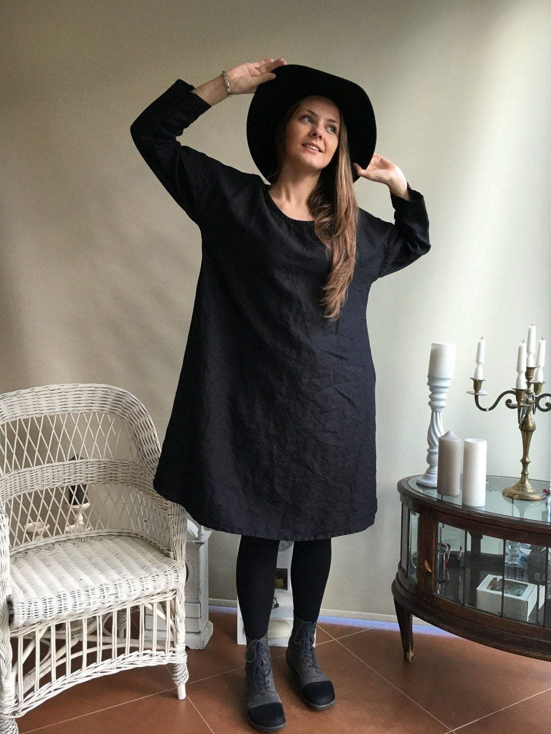 Linen Dress, Oversized black dress-Linenbee