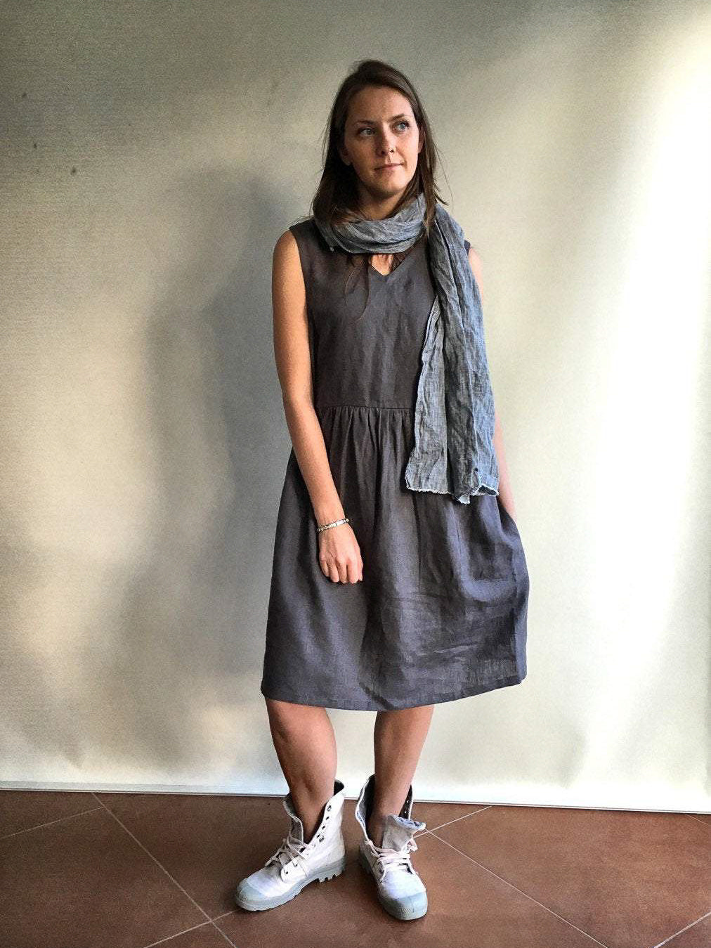 Grey Sleeveless Linen Dress, Linen pinafore dress - Linenbee Grey Sleeveless Linen Dress, Linen pinafore dress - Linenbee