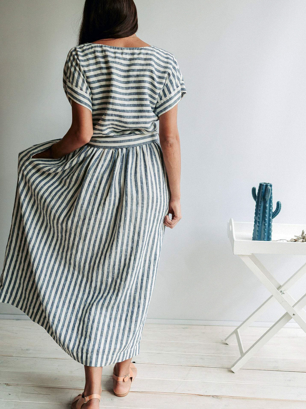 Long Linen Dress with Belt Aurelia, Linen Maxi Dress - Linenbee