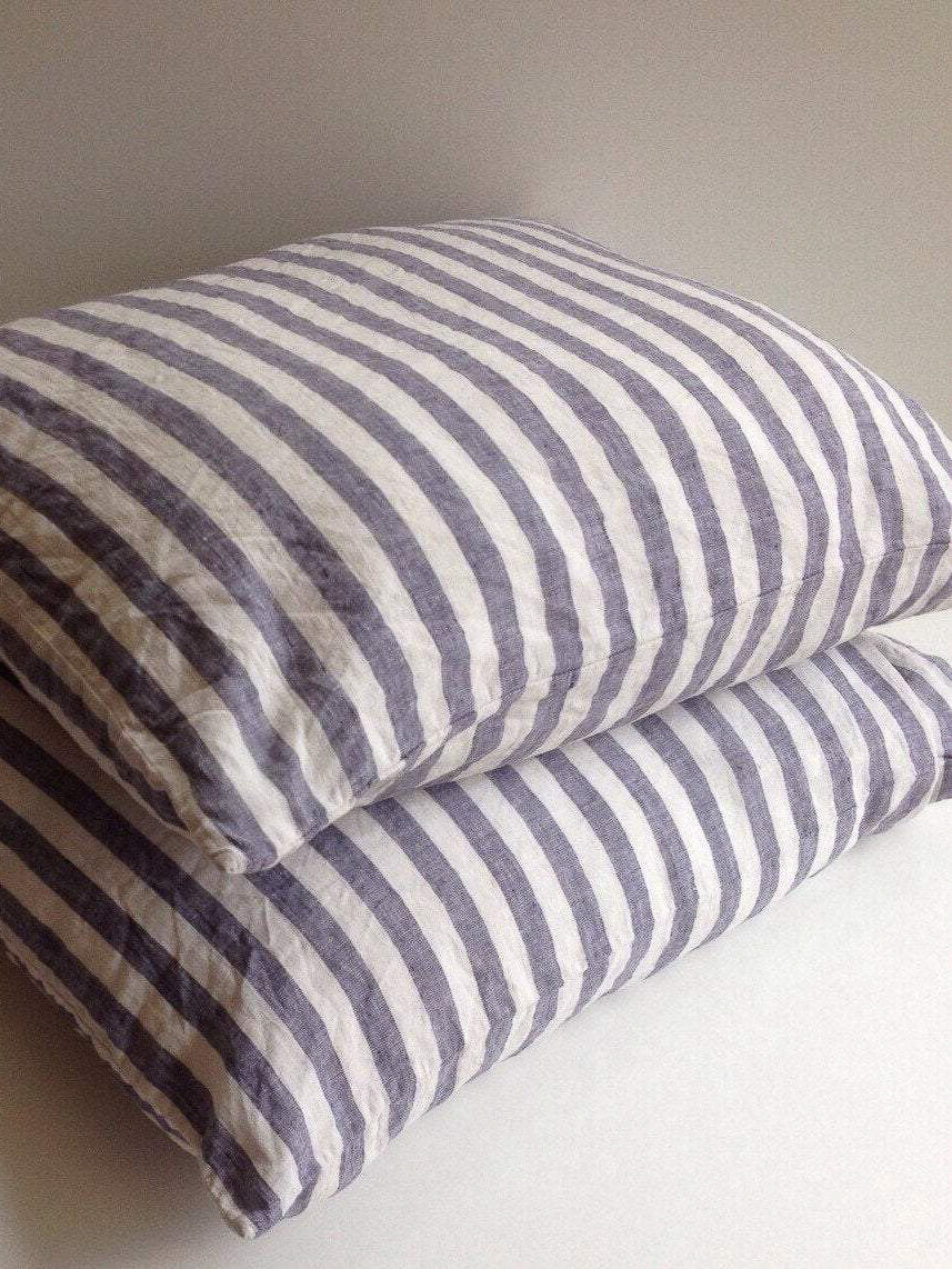 Set of Two Striped Linen Pillowcases, Blue and White Linen Pillowcases-Linenbee