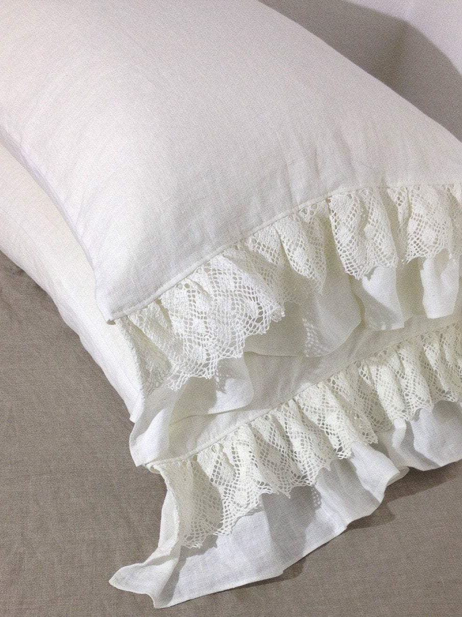 Linen Pillowcase with Lace and Ruffles, Romantic Pillowcase-Linenbee