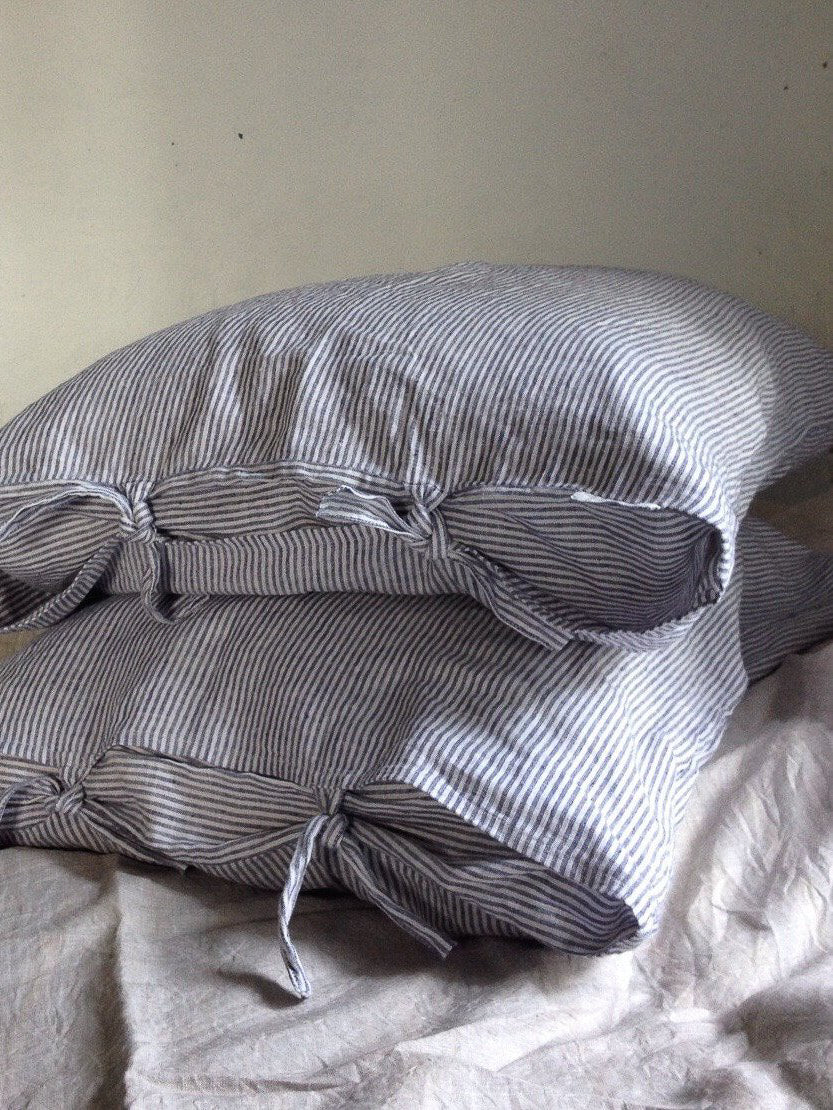 Set of Two Striped Linen Pillowcases, Blue and White Linen Pillowcases
