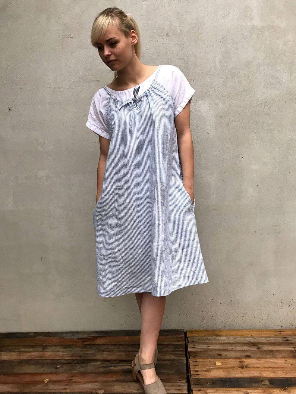 Simple Linen Dress with drawstring neckline, Sleeveless Midi Dress-Linenbee