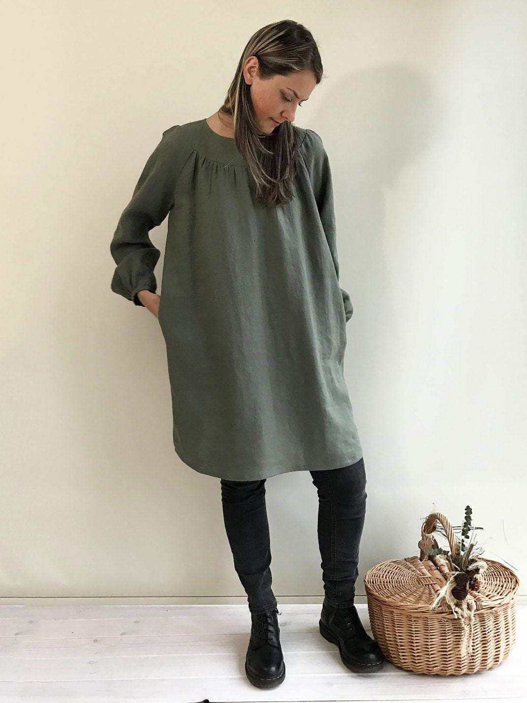 Loose Linen Tunic with Beautiful Shirring, Womens Tunic-Linenbee