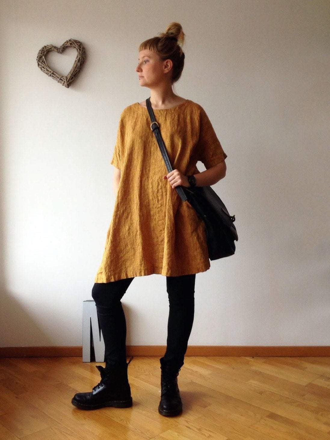 Loose Linen Tunic Dress, Blue linen tunic-Linenbee