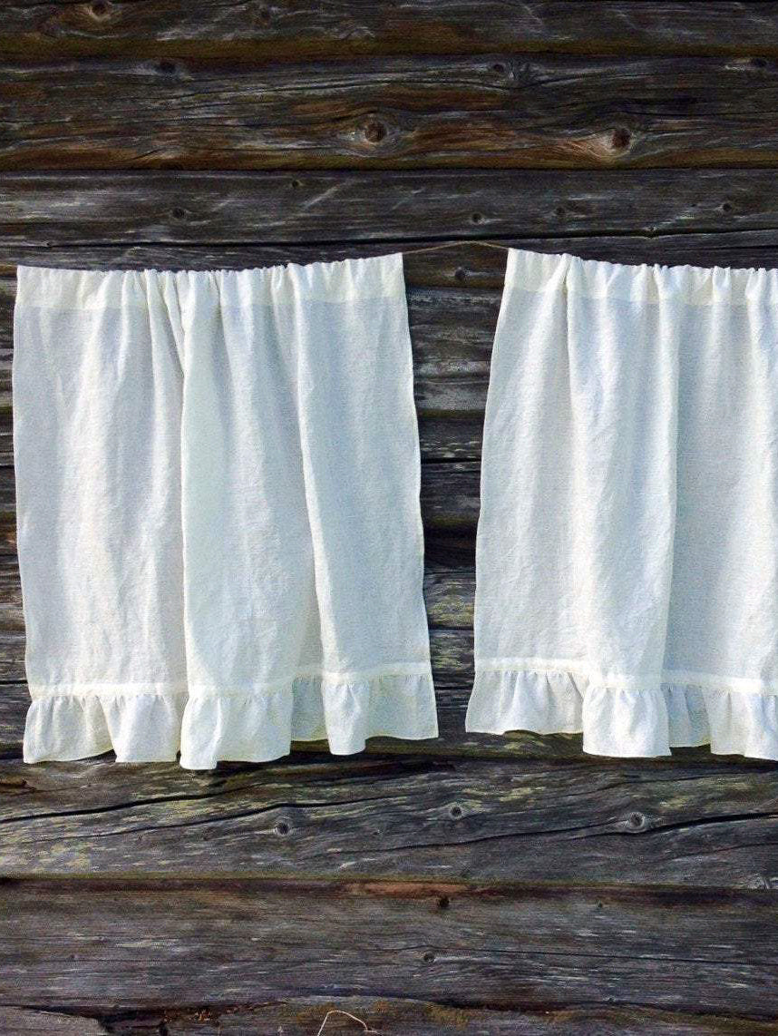 Linen Cafe Curtain, White Linen Curtain Panel French Country Cafe Curtain with Ruffle-Linenbee