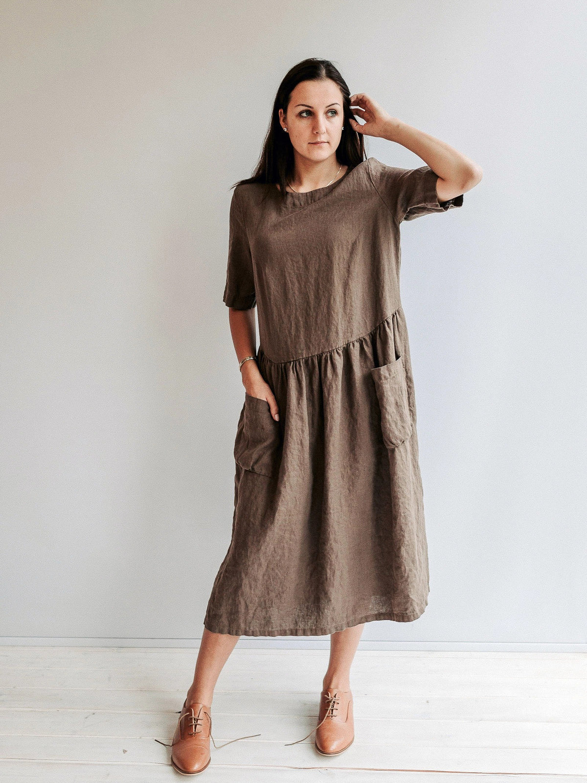 Loose Linen Dress &quot;Jane&quot; with Pockets, Midi length dress-Linenbee