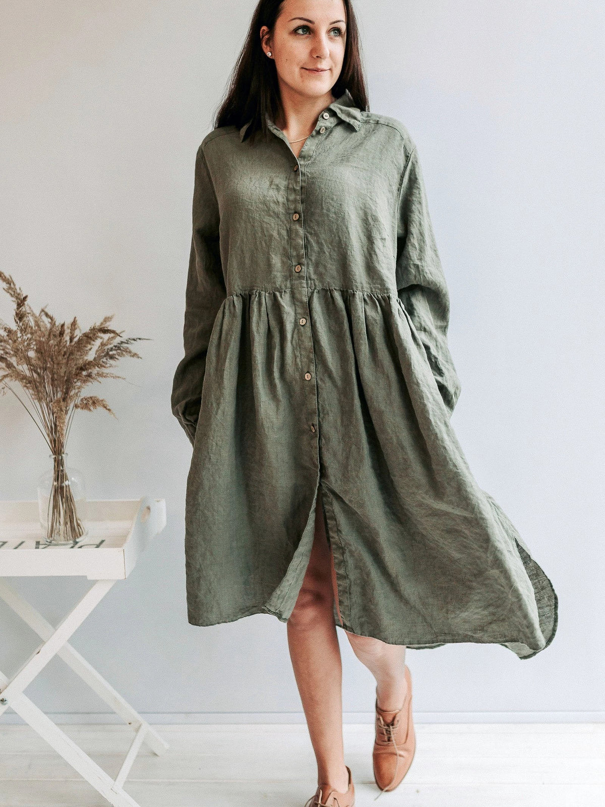 Linen Smock &#39;Lisa&#39; with Long Sleeves, Button Up Dress-Linenbee