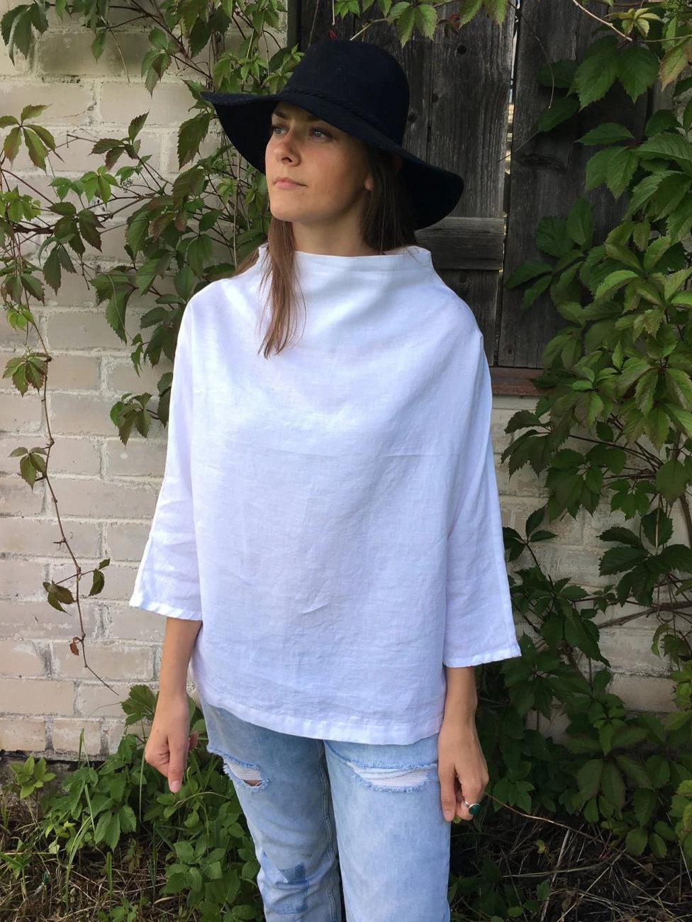Linen Tunic with raised neck, Loose Linen Shirt-Linenbee
