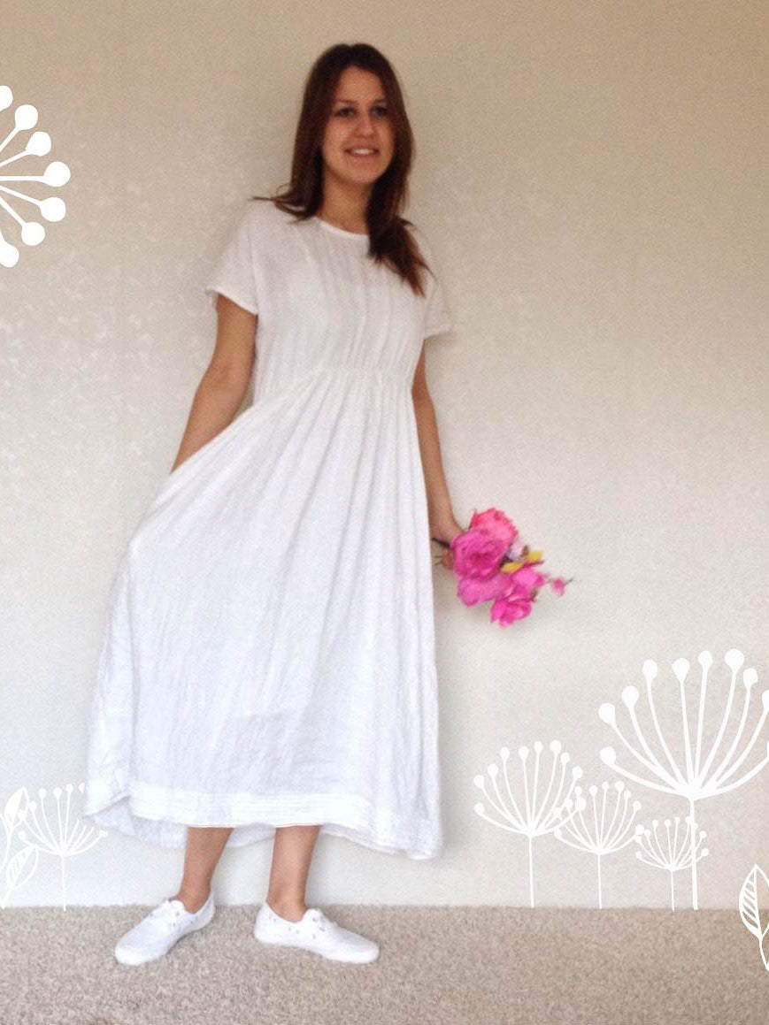 White Linen Dress with Sleeves and Pockets - Linenbee White Linen Dress with Sleeves and Pockets - Linenbee