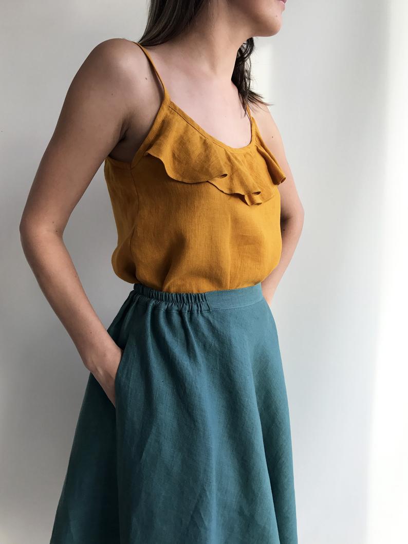&#39;Marigold&#39; Linen Strap Top with a Ruffle