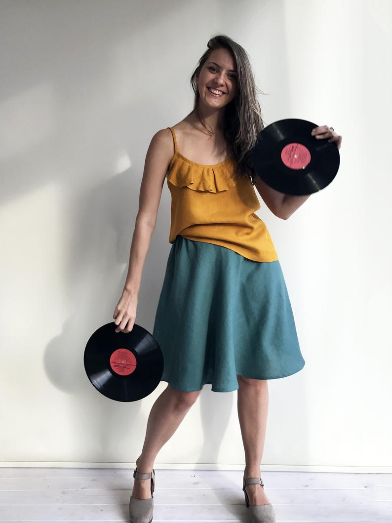 &#39;Marigold&#39; Linen Strap Top with a Ruffle