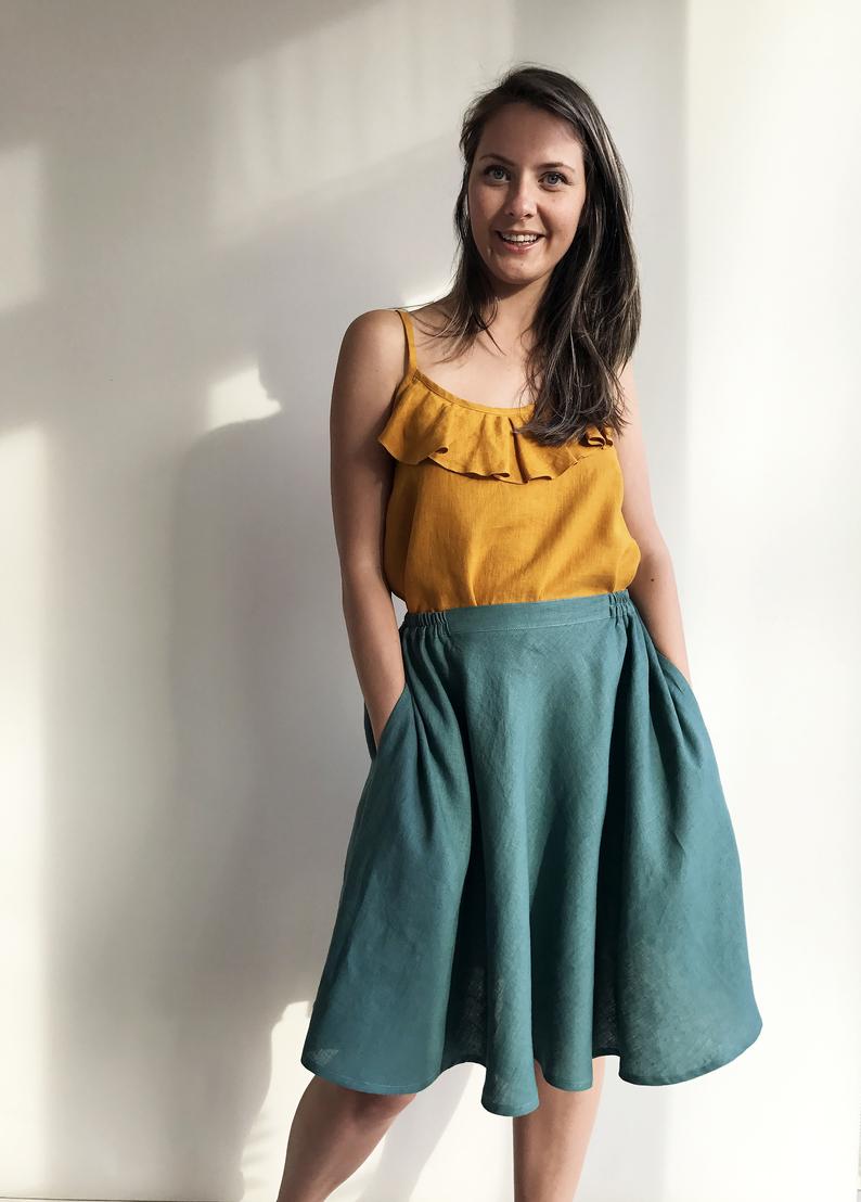 &#39;Marigold&#39; Linen Strap Top with a Ruffle