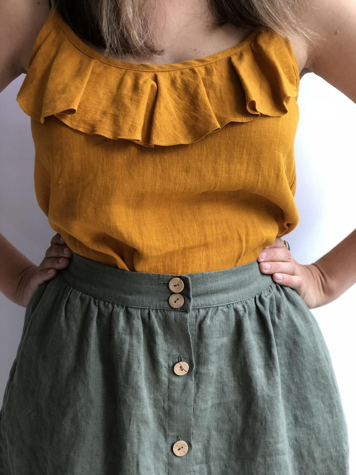&#39;Marigold&#39; Linen Strap Top with a Ruffle