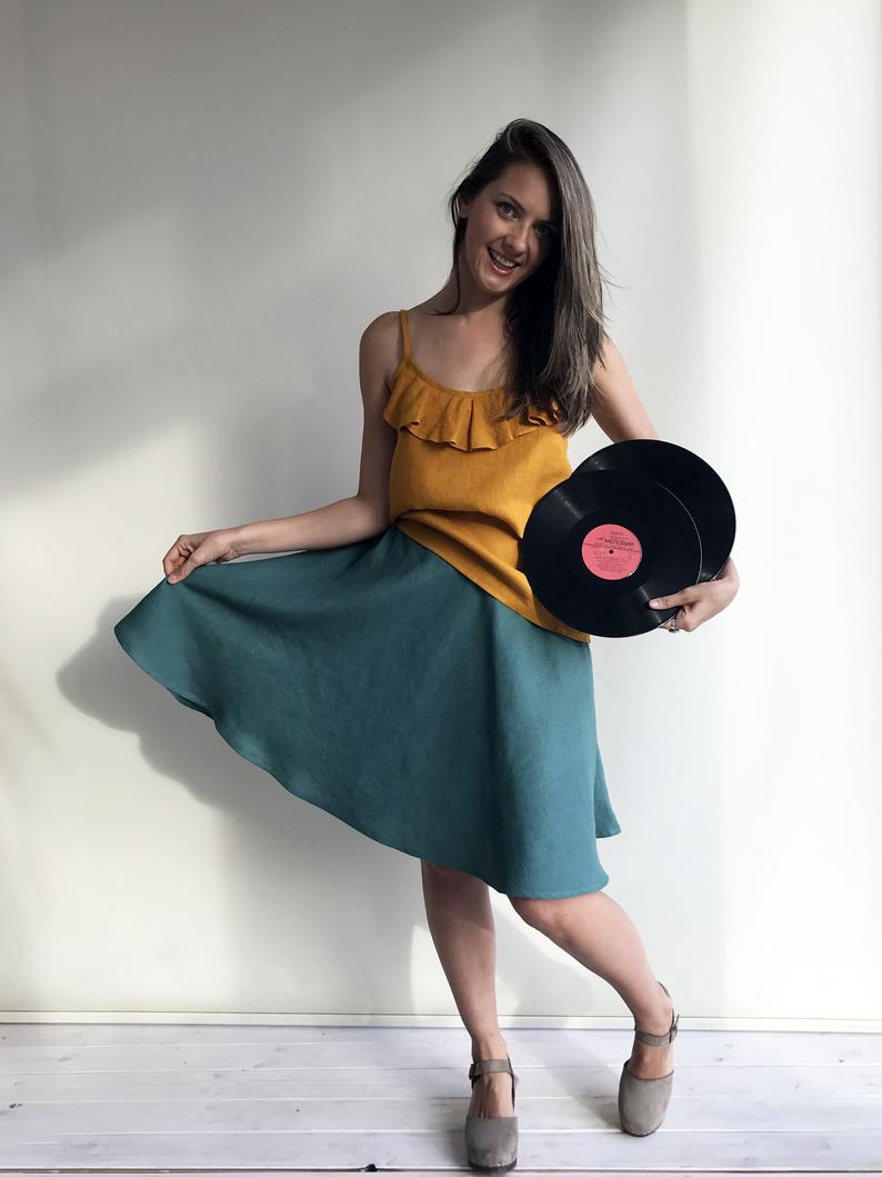 &#39;Marigold&#39; Linen Strap Top with a Ruffle