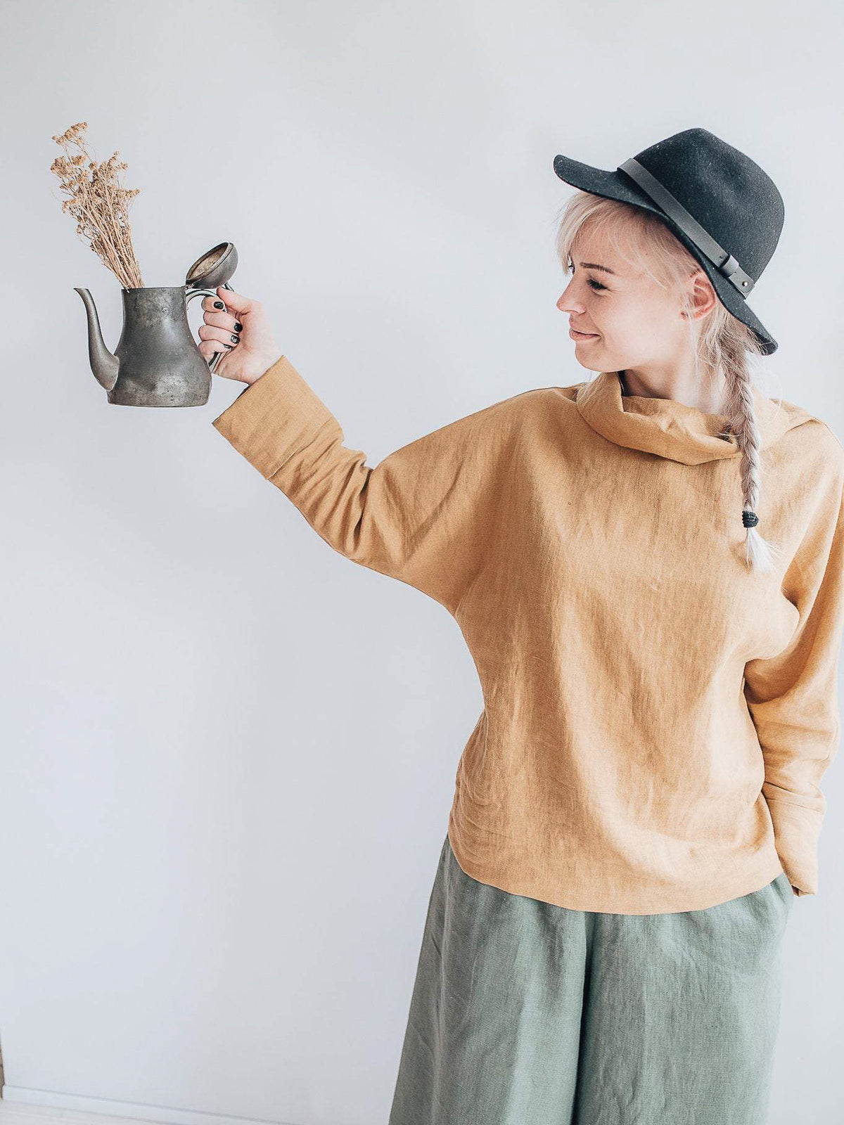 Long Sleeve Linen Tunic with Raised neck, Loose Linen Shirt-Linenbee