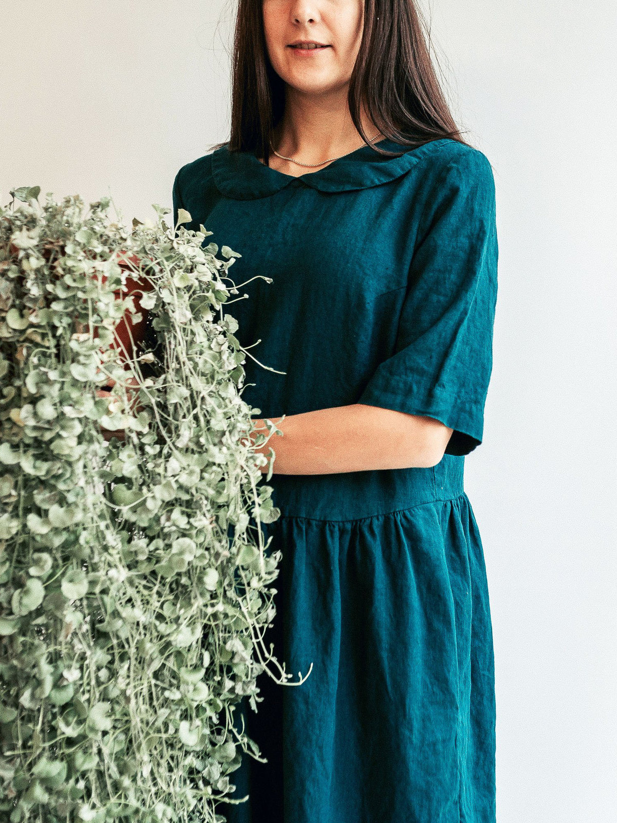 Linen Dress with Peter Pan Collar &quot;Melody&quot;, Midi length dress-Linenbee
