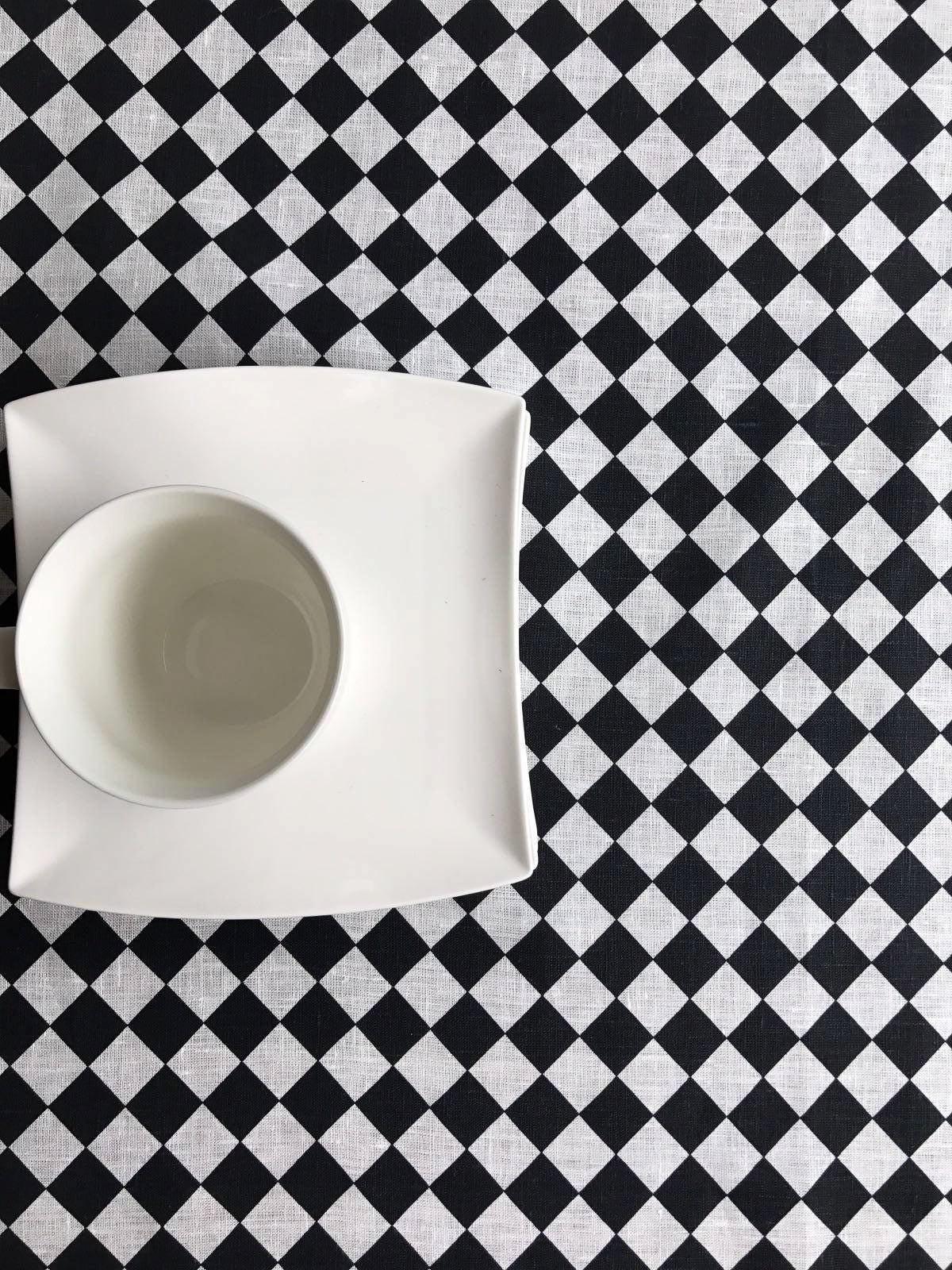 Black and White Checkered Tablecloth, Linen Tablecloth-Linenbee