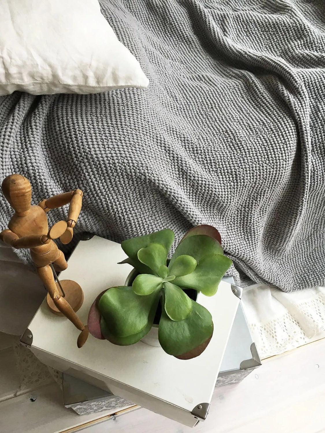 Thick Grey Blanket, Linen and Cotton blend blanket-Linenbee