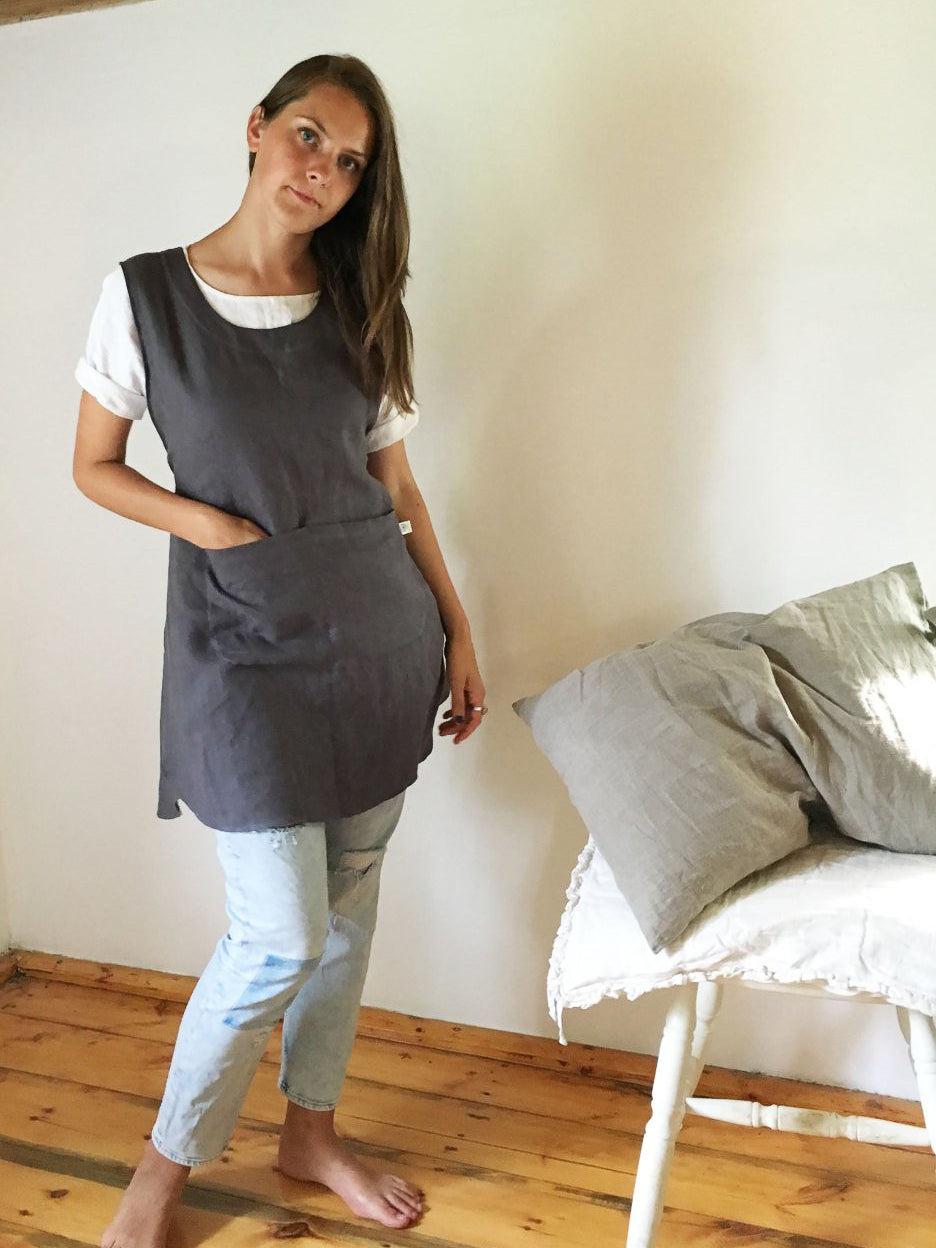 Light Pinafore Apron Dress, Linen Smock-Linenbee