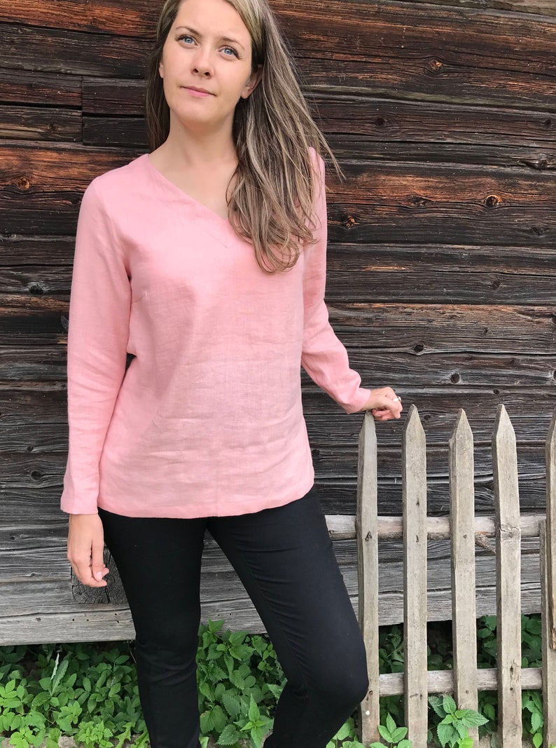 Ready to Ship: Linen Tunic Top with Long Sleeves, Size S/XS