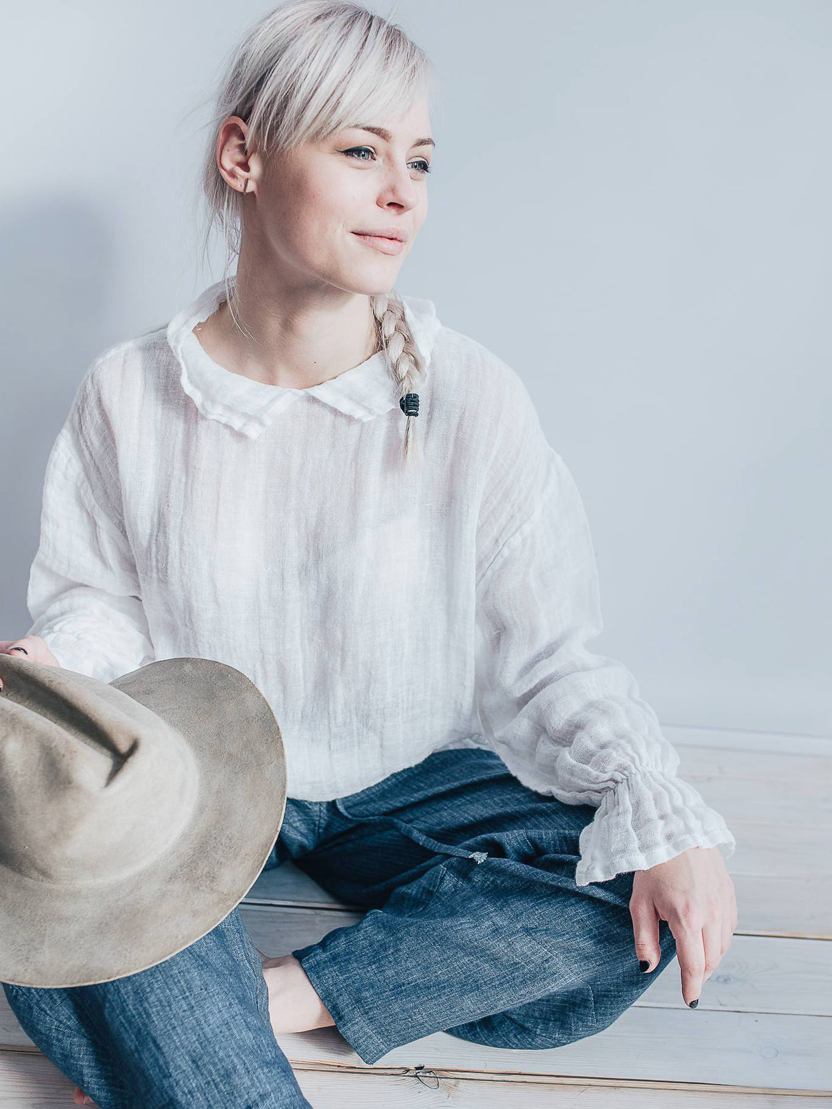 White Gauze Top with Ruffled Cuffs, Linen Blouses For Women-Linenbee