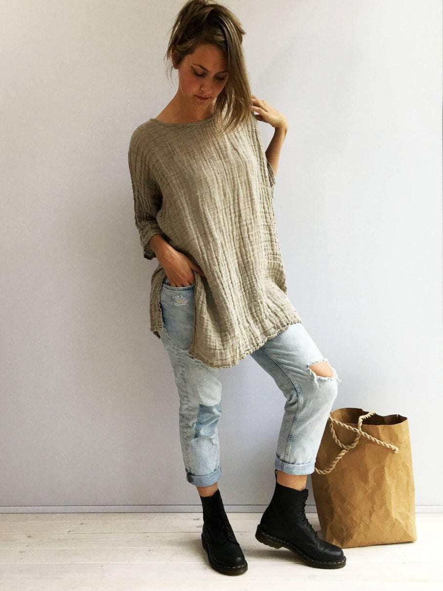 Rustic Linen Top, Taupe womens Top - Linenbee