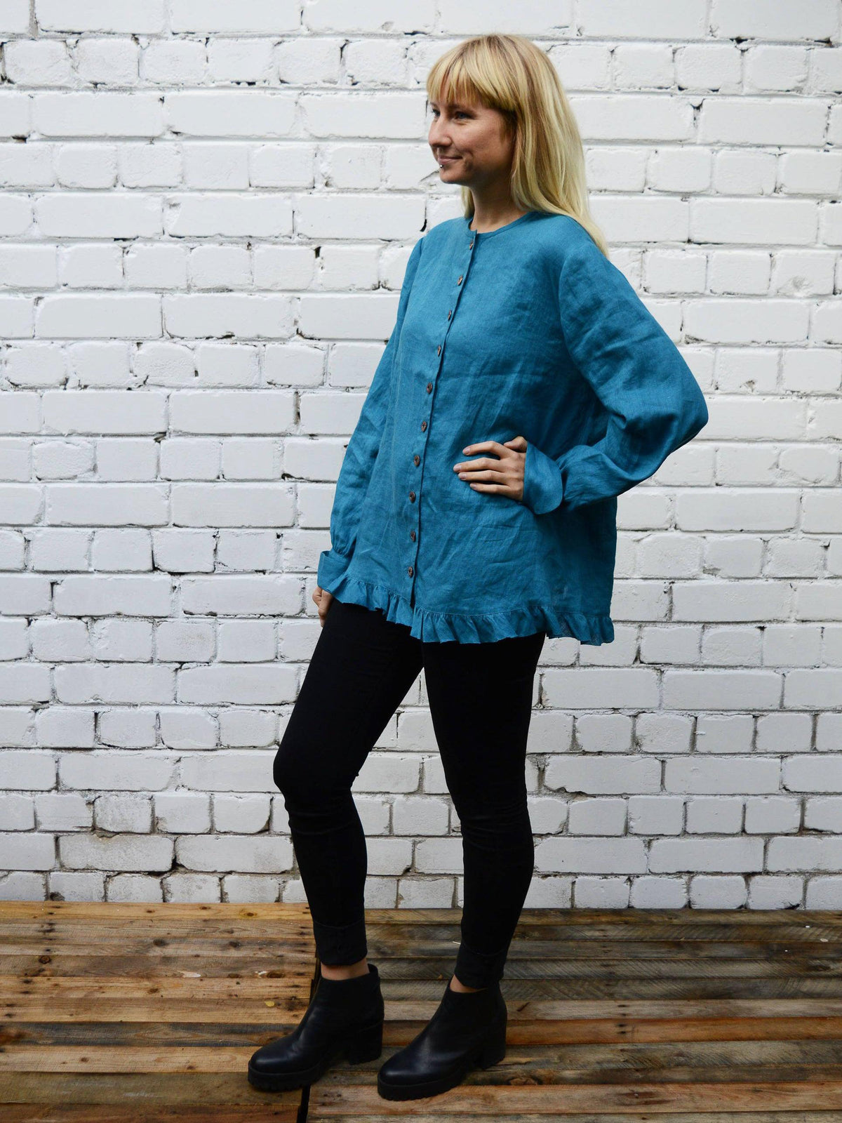 Linen Button up blouse with Ruffle, Loose Linen Jacket women-Linenbee