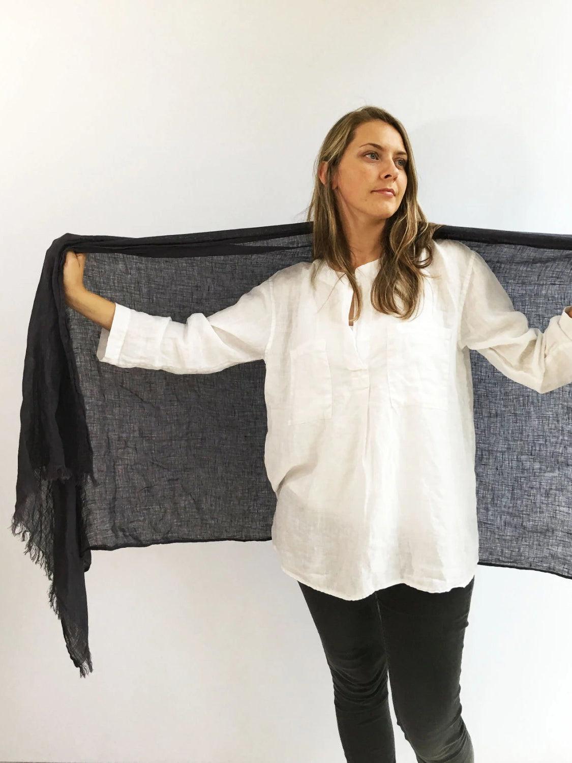Dark Grey Oversized Scarf, Linen Shawl-Linenbee